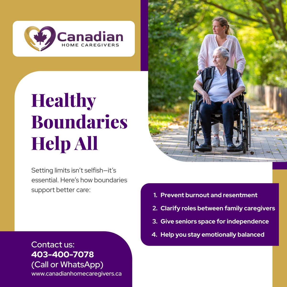 canadianhomecg's tweet image. 💛 Healthy  care begins with healthy boundaries. 💜 When we set kind, clear limits,  we create space for trust, compassion, and sustainable support.

 📞 Contact Us: 403-400-7078 (Call or WhatsApp)

#FamilyCaregivers #HealthyBoundaries #BalancedSupport #CanadianHomeCaregivers