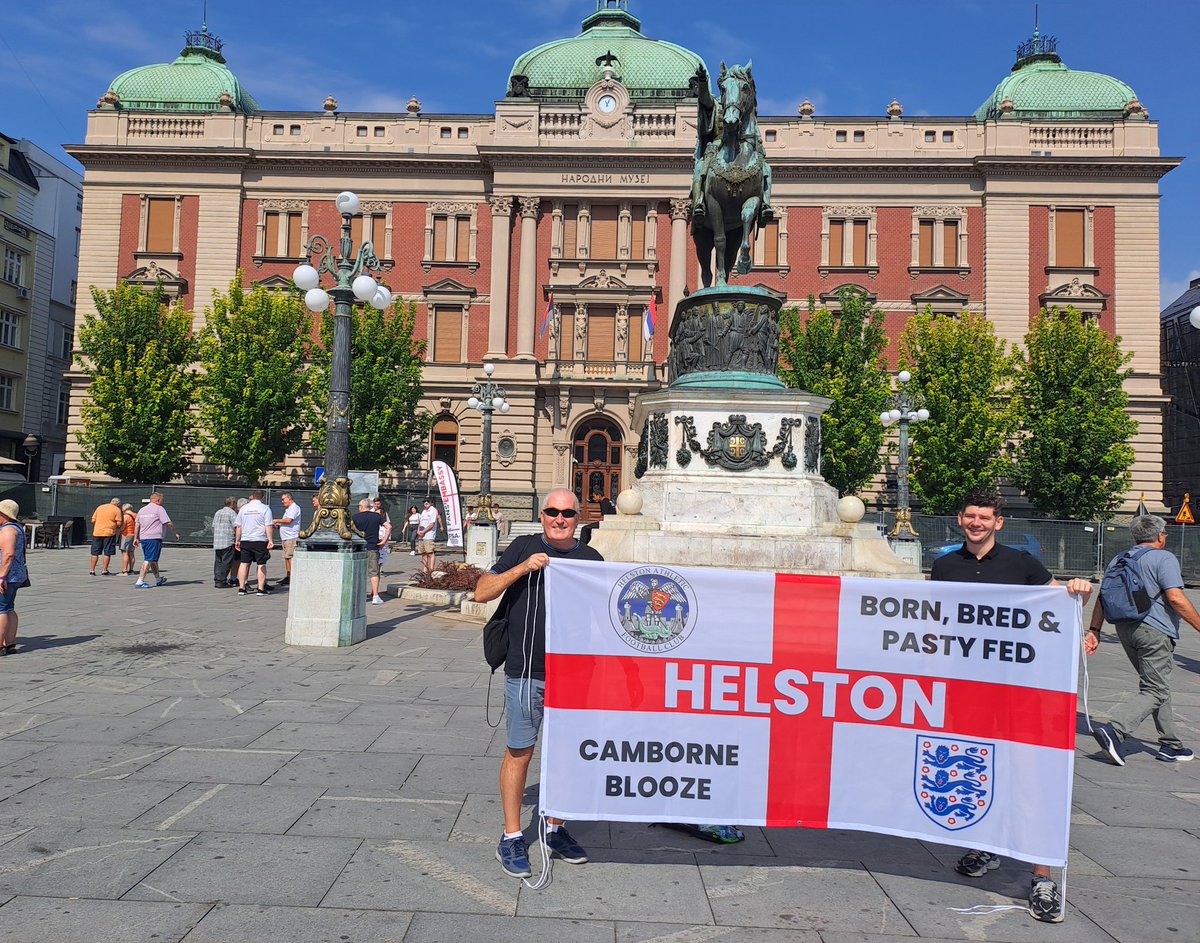 KevinHamblin17's tweet photo. It's very hot in Belgrade, in readiness for tonight's Serbia v England encounter. Debut for this @HelstonAFC flag, with my Plympton Blues flag staying it home. Hopefully, both should be at Saltash in October!
@swsportsnews https://t.co/eR80SyMwKa