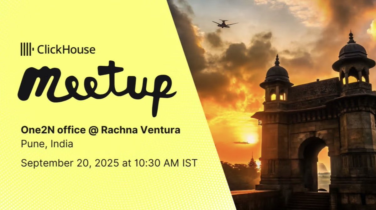 chinmay185's tweet photo. 🚨 Meetup Alert! 

We are hosting the first ever @ClickHouseDB meetup in Pune at the @One2NC office on 20th September.

Clickhouse is THE analytics database for the world. It's versatile, reliable and fast!

We at One2N have used Clickhouse for many use cases so we didn't want to miss the opportunity to host the first ever Clickhouse meetup in Pune.

There are some great talks planned, ranging from - storing sparse data in Clickhouse, Clickhouse for analytics use case, Clickhouse and Kafka integration, and more impromptu discussions...

It's an invite only event with limited seats so register fast. Meetup link - https://t.co/wUF19JNDEu