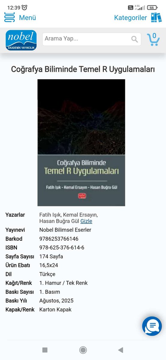 "Bölüm hocalarımızdan Dr. Öğr. Üyesi Fatih IŞIK’ın editörlüğünü ve yazarlığını üstlendiği, Dr. Öğr. Üyesi Kemal Ersayın ve Hasan Buğra Gül ile birlikte kaleme aldığı “Coğrafya Biliminde Temel R Uygulamaları” başlıklı kitap yayınladı”
nobelyayin.com/cografya-bilim…