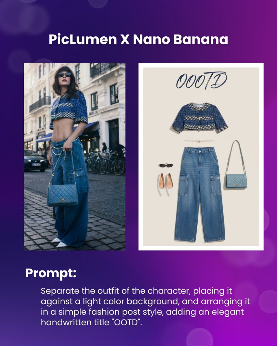 Upload your street photo, type a simple prompt, and Nano Banana on PicLumen.com transforms it into a clean OOTD board. 😎

#piclumen #nanobanana #ootdStyle