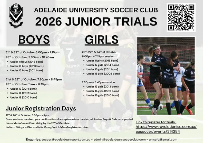 unisa_fc's tweet photo. 2026 trials for our junior squads are now live!
Located in North Adelaide and Magill, Adelaide University SC and University of South Australia SC are joining forces in 2026.
Get involved and register via the link below:
https://t.co/e2gI2kumK0
See you there! https://t.co/6aNLqfF16A