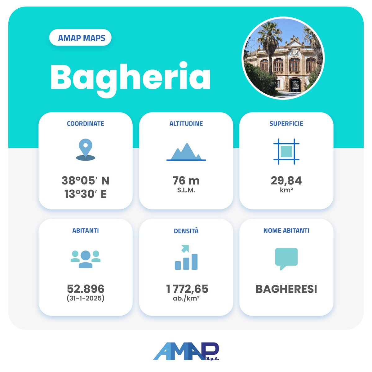 #amapmaps: Sapete che Bagheria è uno dei 53 Comuni attualmente soci di Amap?
Famosa per le sue splendide ville settecentesche,  oggi è un importante centro residenziale e commerciale alle porte di Palermo.