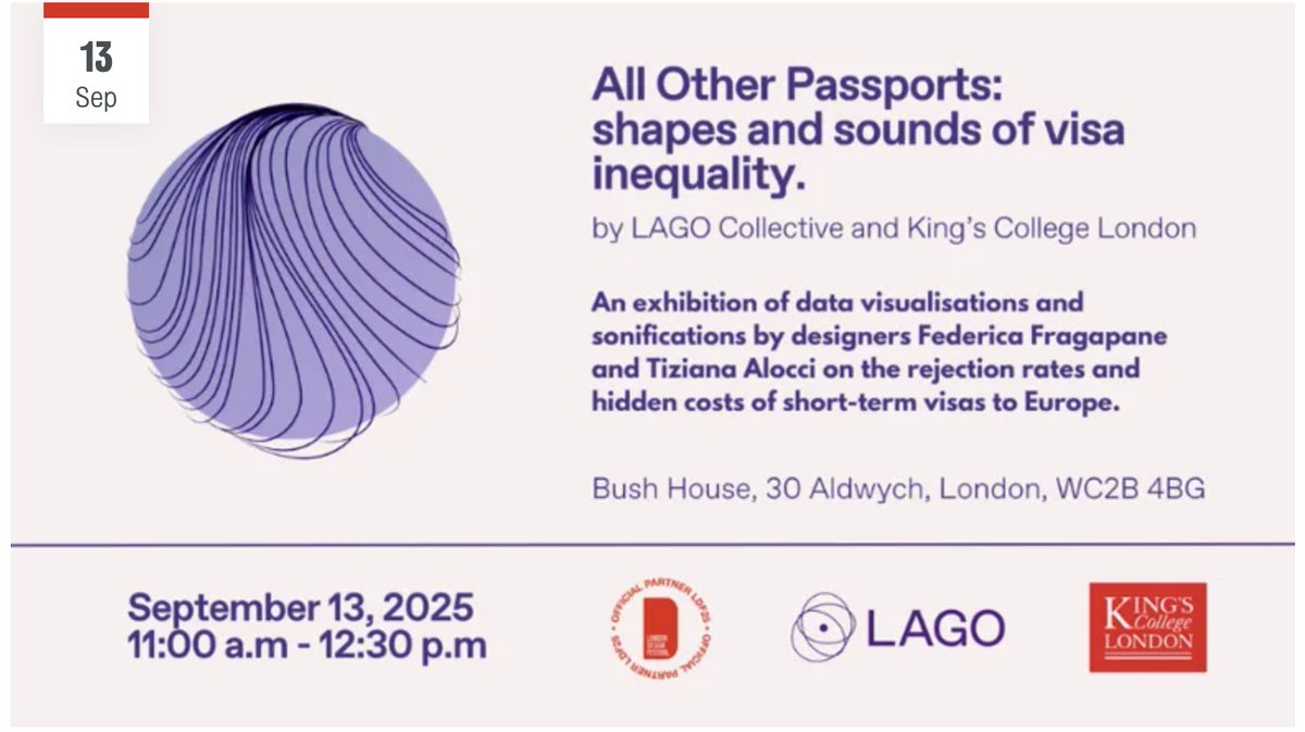 📢  Mark the opening of #LDF25 with an exhibition exploring the hidden costs of visa rejections, co-hosted by <a href="/ALC_KCL/">African Leadership Centre</a>  &amp; <a href="/kingscmci/">King's CMCI</a>. Featuring powerful data visualisations &amp; sonifications

🗓 13 Sept 2025 | 11:00–12:30
📍 Bush House, Strand Campus, Lon
🔗 kcl.ac.uk/events/all-oth…