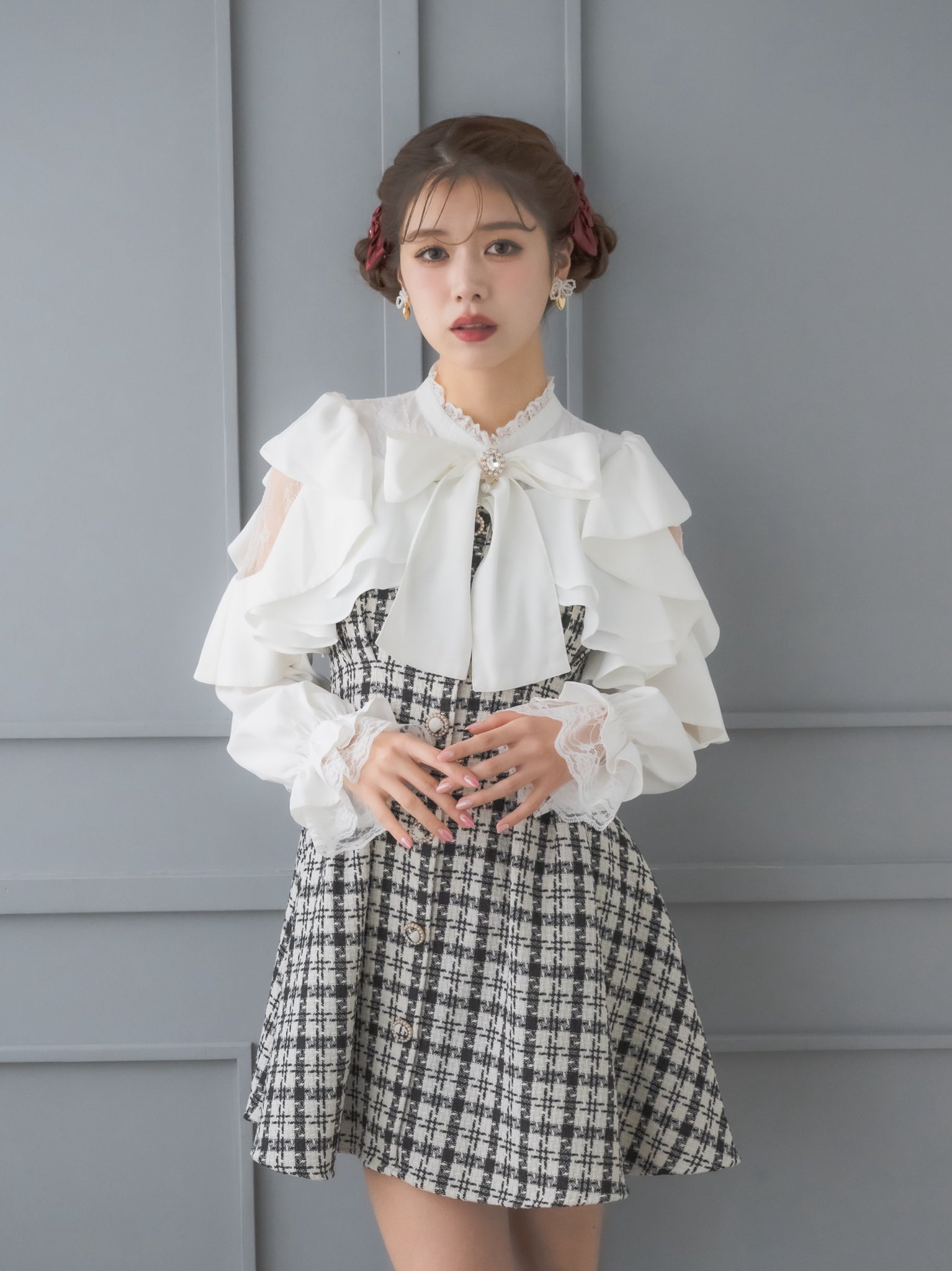 【完売品❗️ROJITA】配色レーシースタンドカラーワンピース ロジータ ROJITA スタンドカラー配色レーシーワンピース