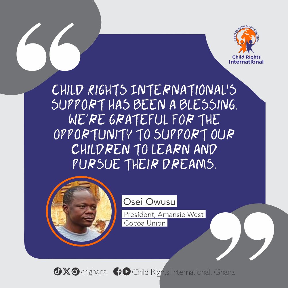Real voices. Real Impact!
Hear Mr. Osei Owusu, President of the Amansie West Cocoa Union, share his perspective on our remediation efforts.

#AnAdultIsAChildWhoHasSurvived #CommunityImpact #ChildRights #CRITestimonials #crighana #children