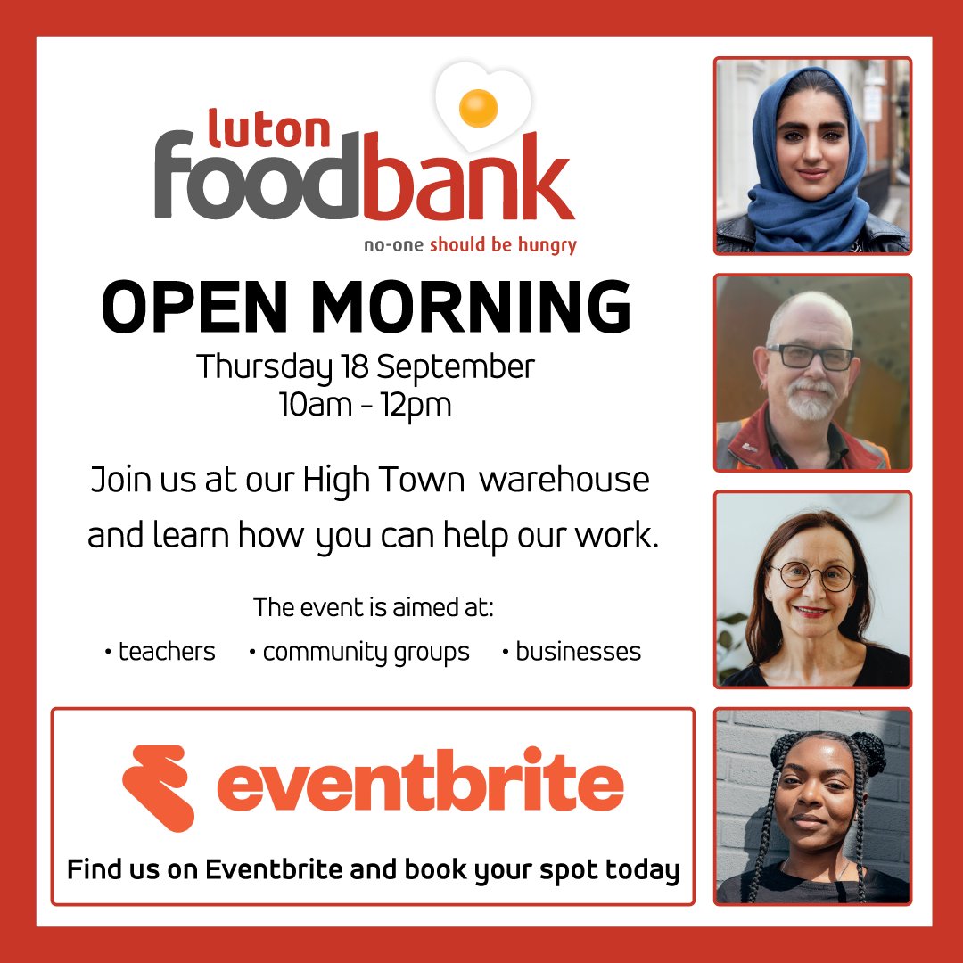 YOU ARE INVITED!
Join us at our Open Day.

Find out about:
* our mission to combat hunger in Luton.
* how your support makes a real difference to local people.
* our services and how we help those in need
* how to get involved by volunteering or donating

eventbrite.co.uk/e/luton-foodba…