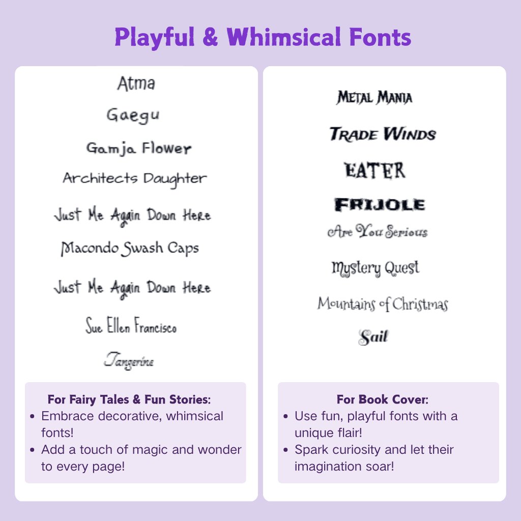 ReadKidz's tweet photo. 📚✨ Readkidz Font Guide is here! 🎉
Struggling to pick the perfect font for kids' books? We've got you covered:

📖 Early Learning/STEM Books:
Go for round, bold, and easy-to-read fonts – perfect for little eyes!

📖 Classical/Educational Books:
Choose clean, crisp fonts to focus on facts and learning!

📖 Fables & Fairy Tales:
Embrace decorative, whimsical fonts to add magic to every page!

📖Book Cover:
Use fun, playful fonts with a unique flair!

🔥 Pro-Tip:
Want a cleaner look? Remove font outlines in just a few steps! ➡️

Unlock your story with Readkidz! Discover more font secrets and make your tales shine!

#KidsBooks #FontDesign #EducationalResources #Publishing #StoryTime