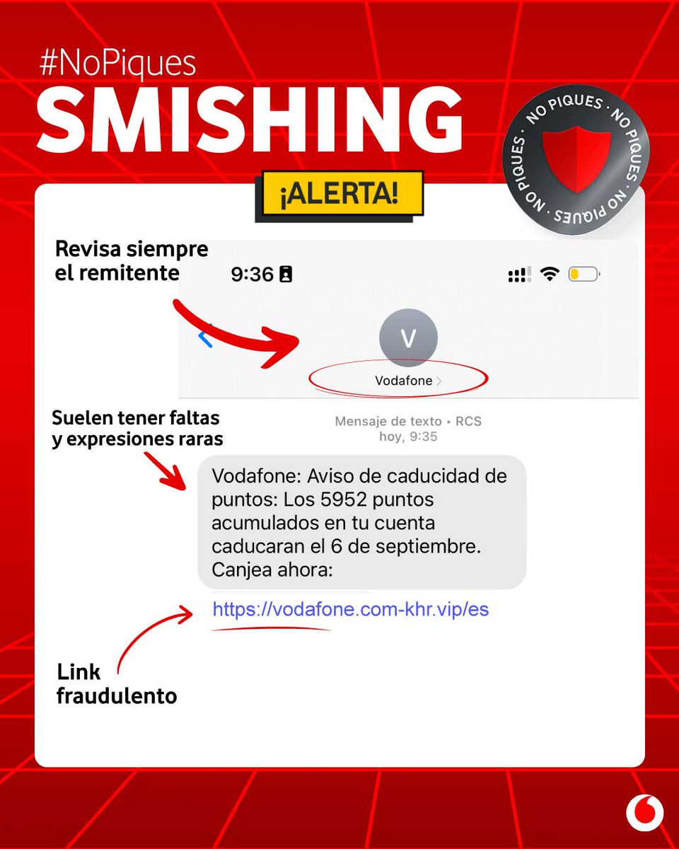 🚨 ALERTA ESTAFA DE PUNTOS CADUCADOS 🚨⁣⁣
Hemos detectado una campaña de mensajes fraudulentos (smishing) en la que se suplanta nuestra identidad.

Incitan al usuario a acceder a un enlace malicioso ofreciendo dispositivos a cambio de punto canjeables. El objetivo es obtener