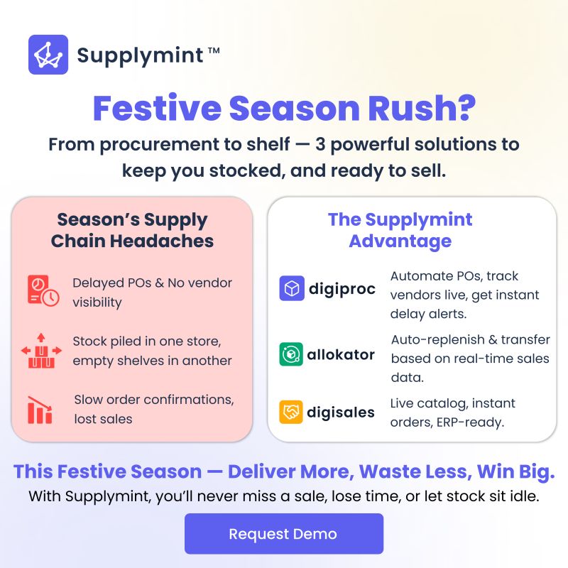 supplymint's tweet image. This festive season, make your supply chain faster &amp;amp; smarter with Supplymint 🚀

🔹 DigiProc – Automate POs &amp;amp; vendor tracking
🔹 Allokator – Smart stock allocation
🔹 DigiSales – Easy distributor ordering

📩 Request a demo 👉 supplymint.com/request-demo

#SupplyChain #Retail #FMCG