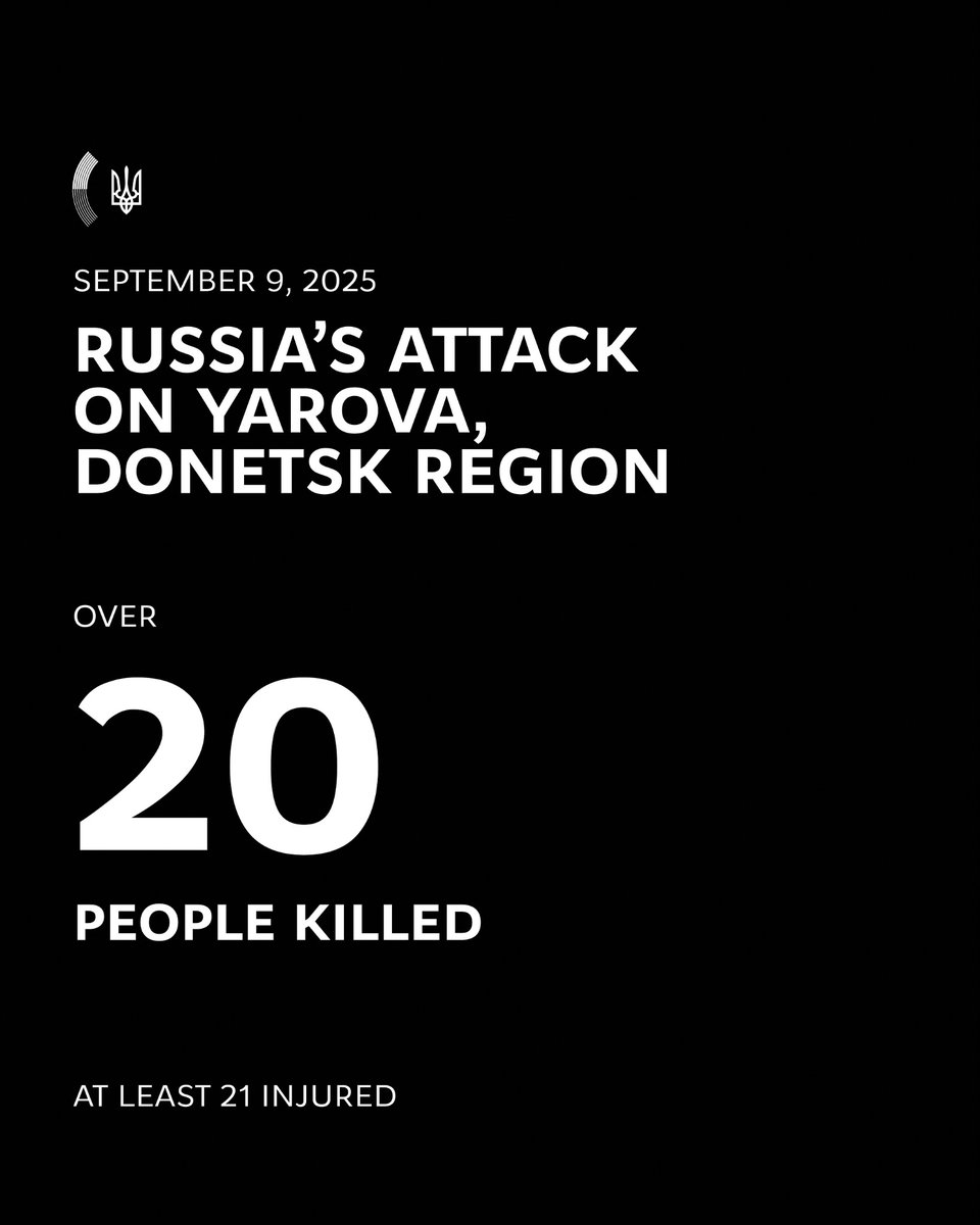 MFA_Ukraine's tweet photo. Russia targeted civilians while they were standing in line to receive pensions. 

At least 21 people were killed and another 21 were injured as a result of this brutal Russian strike in Yarova in the Donetsk region on September 9.

Rescuers and medics are on the ground, helping the victims.

This horrific crime demands immediate worldwide condemnation and action. We call on European partners, the United States, G20 members, and all who value human life to act decisively and hold Russian criminals accountable. 

Only determined action – including sanctions and support for Ukraine’s defense – can stop this terror.