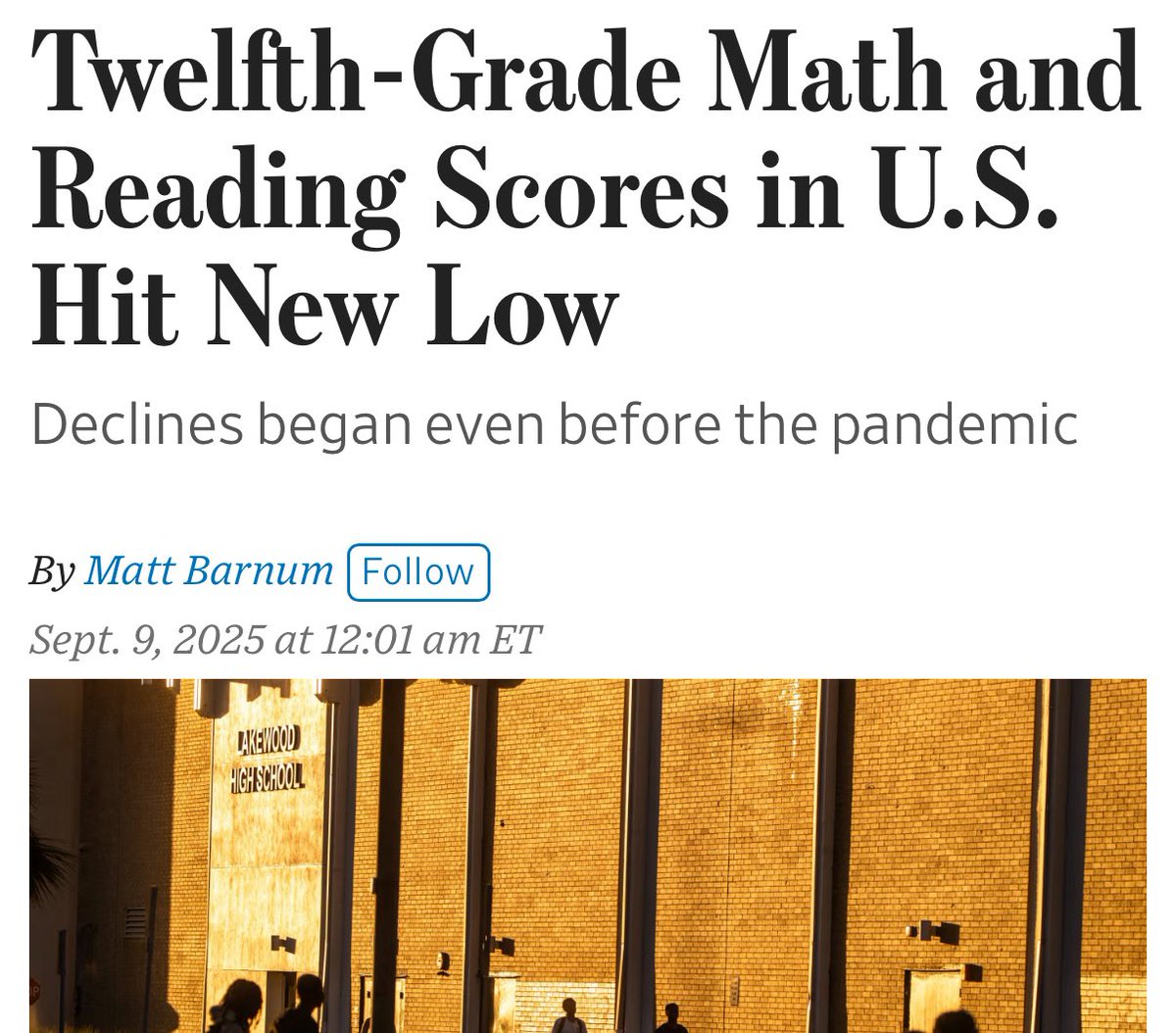 Marc Porter Magee 🎓 (@marcportermagee) on Twitter photo WSJ:
“Students who were already struggling tended to fall further behind, creating an even wider gap between the top and bottom. Girls’ scores, on average, dropped faster than boys’. Both trends have shown up on other assessments”
wsj.com/us-news/educat… WSJ:
“Students who were already struggling tended to fall further behind, creating an even wider gap between the top and bottom. Girls’ scores, on average, dropped faster than boys’. Both trends have shown up on other assessments”
wsj.com/us-news/educat…