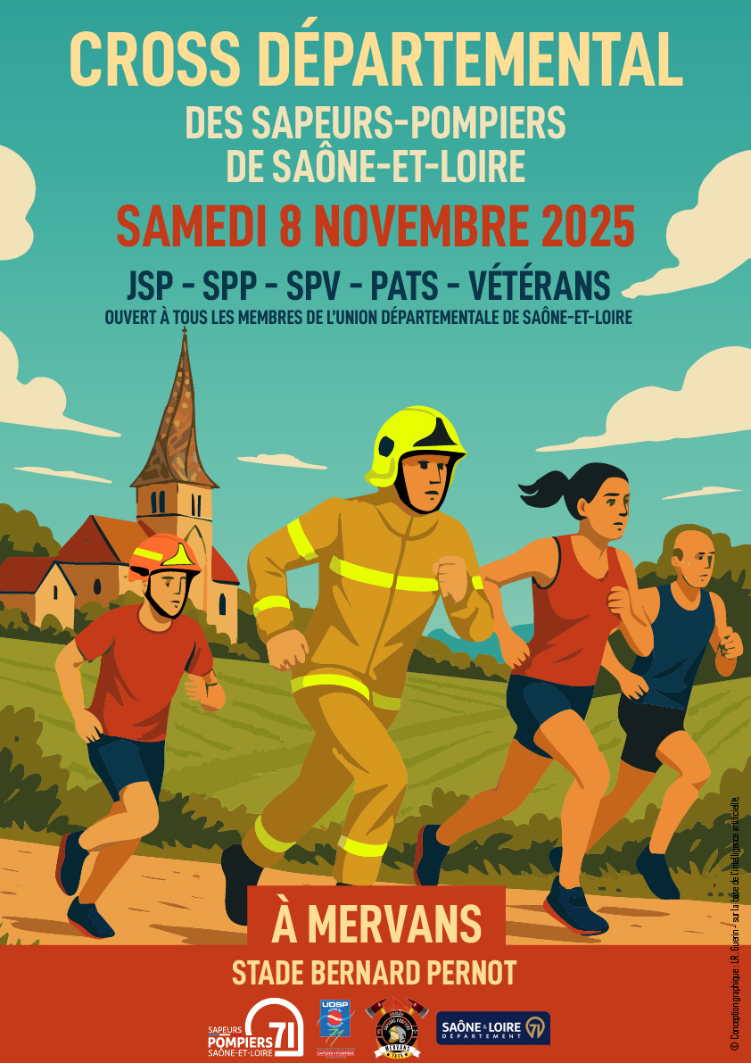 CROSS DEPARTEMENTAL |
🏃‍♂️Rendez-vous le 8 novembre prochain à Mervans pour le cross départemental des sapeurs-pompiers de <a href="/saoneetloire/">Saône-et-Loire</a> !
⏳ Les dossiers d'engagement sont disponibles dans vos centres jusqu'au 17 octobre.
🔥Membres <a href="/SDIS71/">Sapeurs-pompiers de Saône-et-Loire</a> <a href="/UDSP71/">UDSP71</a>, on compte sur vous !