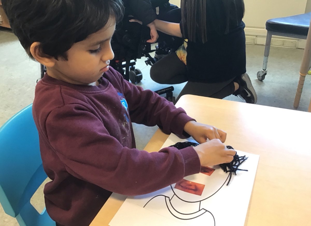 Braidcraft class have been making self portraits using photographs of their faces and wool. The adapted scissors allow pupils to participate in cutting things as independently as possible, and it’s great to see some of the children able to pick out their own facial features!