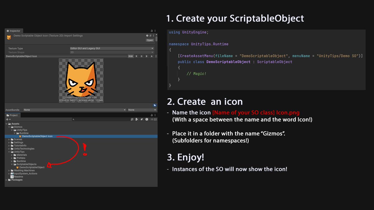 BinaryImpactG's tweet image. #UnityTips

Standard ScriptableObject icons are boring? 😴

You can set custom icons for your ScriptableObjects by placing them into a Gizmos folder and name them &quot;[SOClassName] Icon.png&quot;! 🎨

Check the image for more details! 😮

#gamedev #indiedev