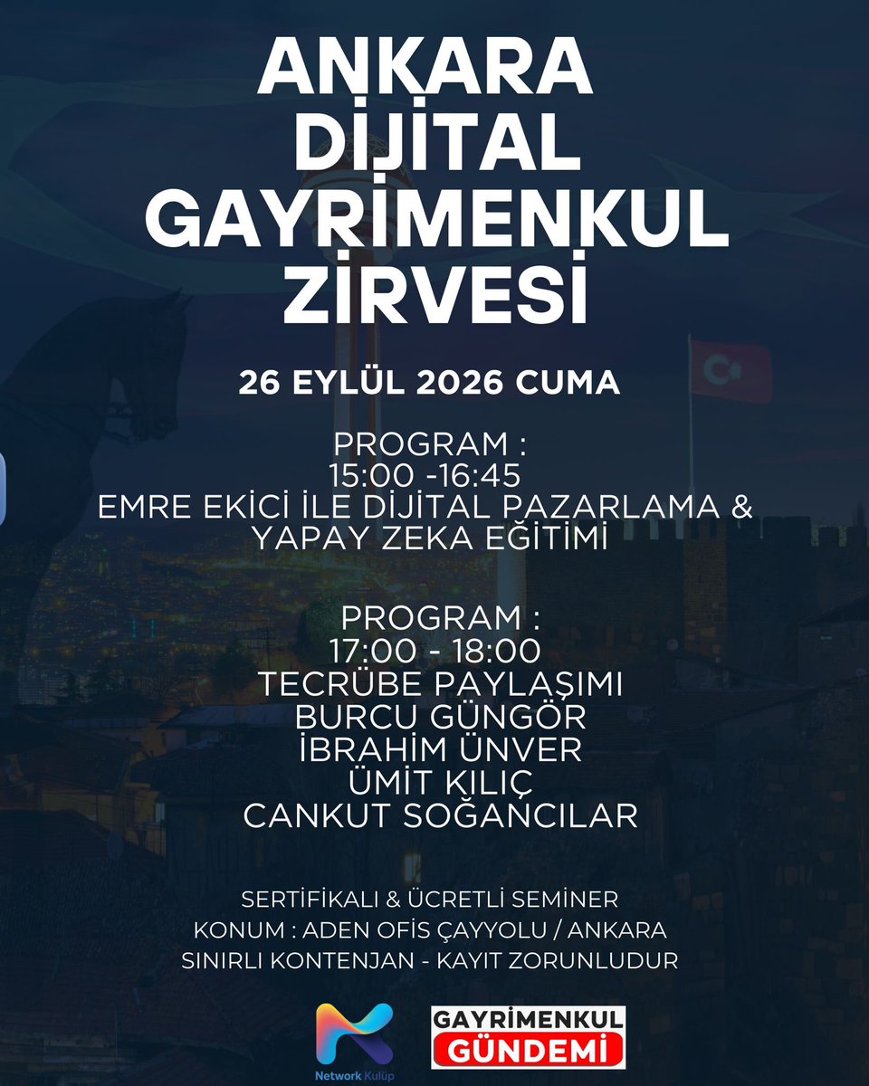 RecruitingTR's tweet photo. Gayrimenkul Gündemi basın sponsorluğunda sektörün geleceğini şekillendiren dijital pazarlama, yapay zeka ve tecrübe paylaşımı üzerine kapsamlı bir seminerle Ankara’da buluşuyoruz! 🎯 https://t.co/vg1YQLORkM