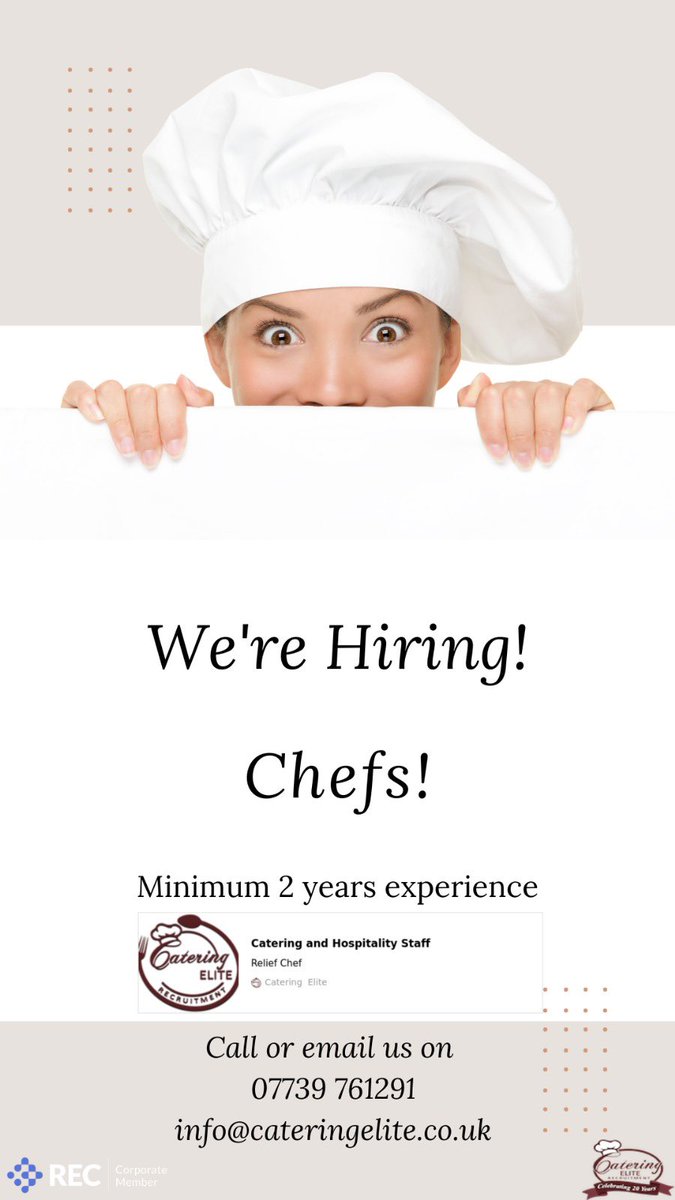 🔥 We’re Hiring Chefs! 🔥

Catering Elite are on the lookout for talented, passionate Chefs to work within Care Homes and Schools across Essex &amp; Suffolk. 👨‍🍳👩‍🍳

✅ Minimum 2 years’ strong experience as a professional Chef
✅ Enhanced DBS required (we can apply for this on your