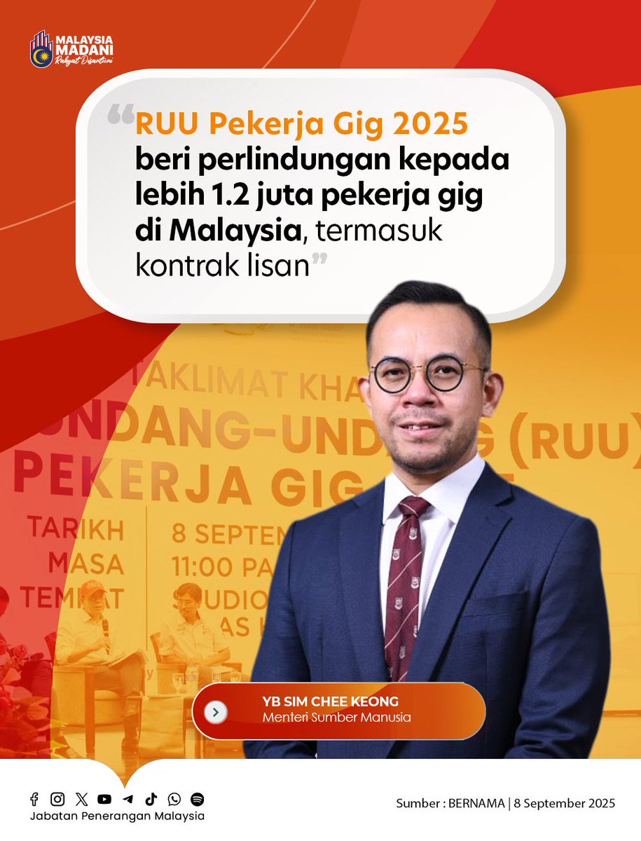 JPenerangan's tweet photo. 👥 Memberikan perlindungan kepada lebih 1.2 juta pekerja gig di Malaysia, termasuk penggiat industri hiburan dan artis, walaupun hanya mempunyai perjanjian lisan.

#RancakkanMADANI
#MADANIBekerja
#TaatSetia
#JabatanPenerangan https://t.co/mFuIdVQ4gO