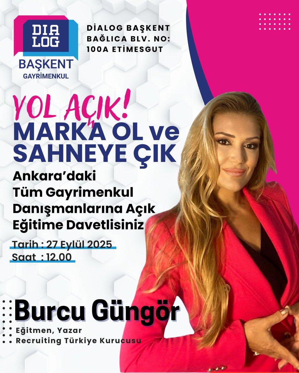 RecruitingTR's tweet photo. 27 Eylül Cumartesi günü, Ankara’da Dialog Başkent Ofisi’nde gayrimenkul profesyonelleriyle buluşuyoruz!
“Yol Açık! Marka Ol ve Sahneye Çık” eğitimi sizi sıradanlıktan alıp sahnenin yıldızı yapacak.
📅 Tarih: 27 Eylül 2025, Cumartesi
⏰ Saat: 12.00
📍 Lokasyon: Dialog Başkent https://t.co/wNEo1KTWUQ
