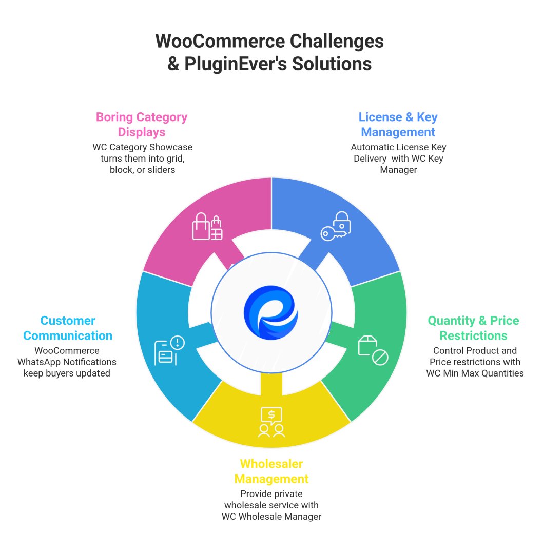 Running a WooCommerce store isn’t always smooth sailing.

From license headaches to customer communication, store owners face challenges every day.

PluginEver turns those struggles into solutions.