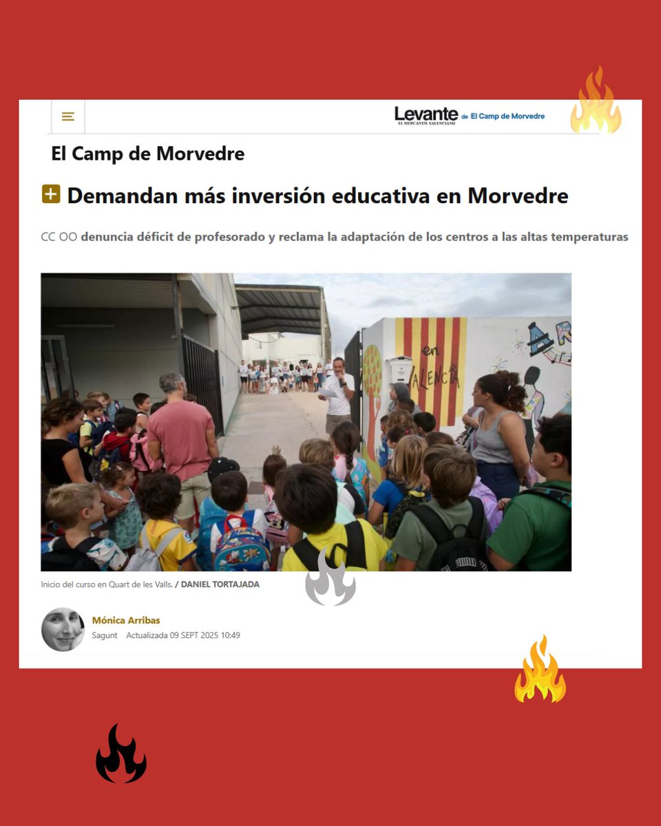 📢 <a href="/educacio_ccoopv/">FECCOOPV</a>   denuncia déficit de profesorado y reclama la adaptación de los centros a las altas temperaturas
❌ NO a los recortes ✂
❌ NO a la paralización del Pla Edificant
Más info en Levante-EMV El Camp de Morvedre  🔗 acortar.link/M6MuLc