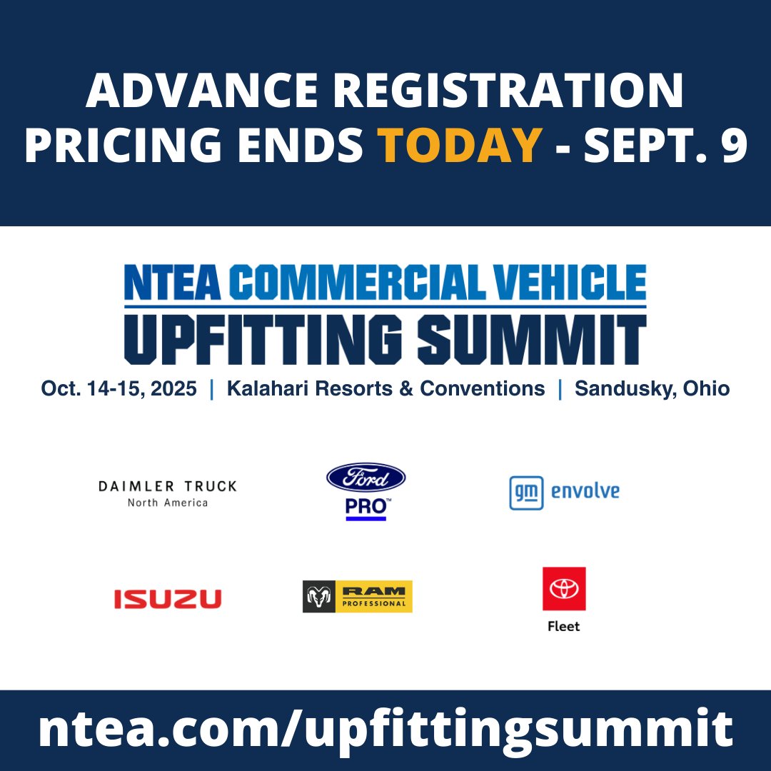 nteanews's tweet image. 🚨 Register for #NTEACVUS by the end of today to secure your spot before prices increase! 🚨
✅ Preview the latest #commercialvehicle updates
✅ Engage directly with OEM engineers on critical #upfitting issues
ntea.com/upfittingsummit

#WorkTrucks  #TruckEquipment #UpfittingSummit