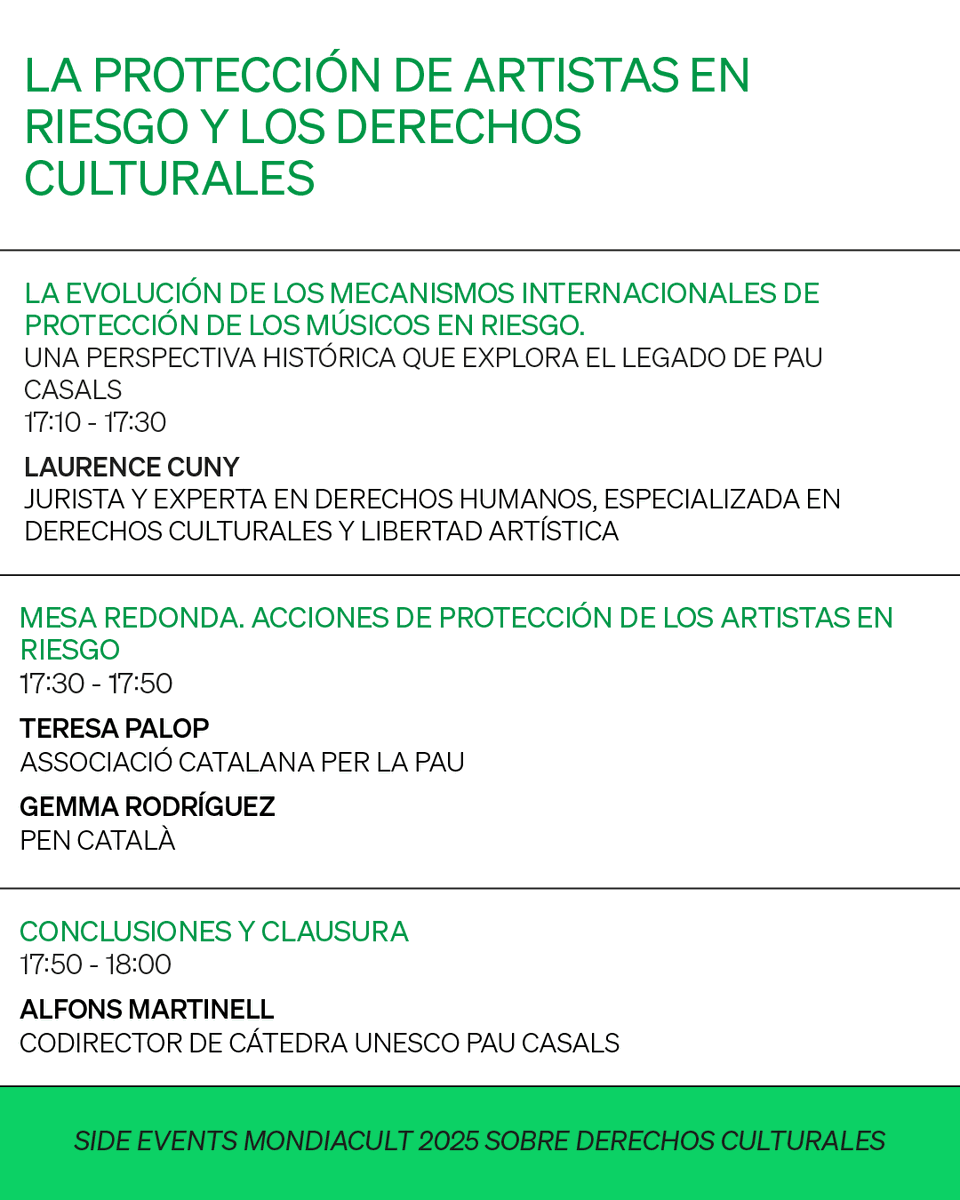 FundGabeiras's tweet photo. ¡Ya está disponible el programa del Side Event sobre derechos culturales de #Mondiacult2025 que organizamos junto a @CatedraCasals! 

🗓️Viernes 26 sept. a las 17h.
📍CERC Barcelona.
🔗Inscripciones: https://t.co/Mx71oLLz6G https://t.co/5XkA6Skk2u