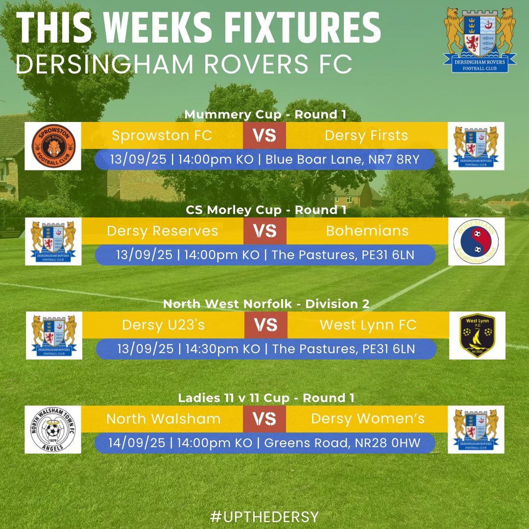 Upcoming fixtures 📆

Double Anglian combination cup action. 

The ladies make their first away trip of the season! 

#UPTHEDERSY 💙💛🖤
