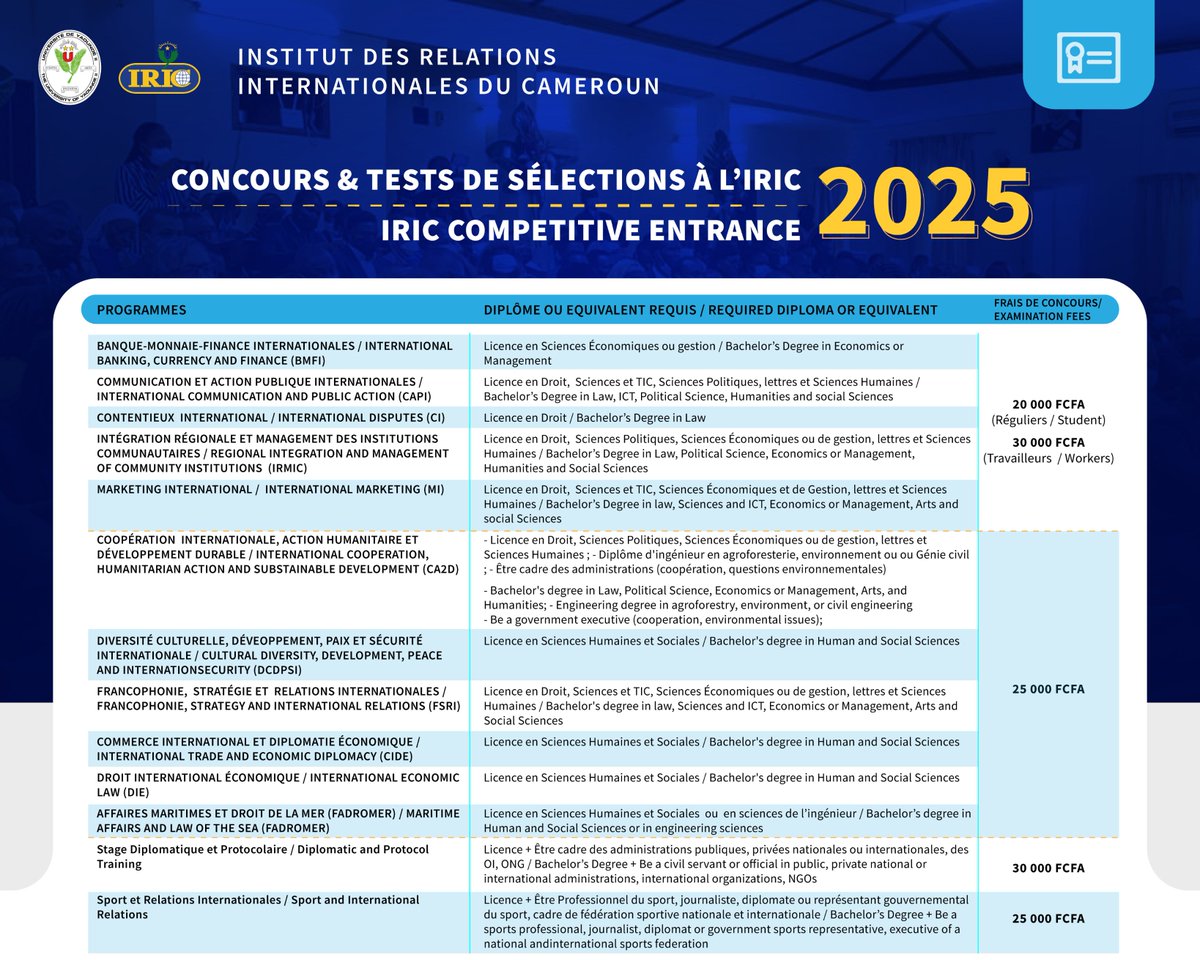 📢✨ 𝐈𝐑𝐈𝐂 – 𝐂𝐨𝐧𝐜𝐨𝐮𝐫𝐬 &amp; 𝐓𝐞𝐬𝐭𝐬 𝟐𝟎𝟐𝟓-𝟐𝟎𝟐𝟔 | 𝐄𝐧𝐭𝐫𝐚𝐧𝐜𝐞 𝐄𝐱𝐚𝐦𝐬 &amp; 𝐒𝐞𝐥𝐞𝐜𝐭𝐢𝐨𝐧 𝐓𝐞𝐬𝐭𝐬

📅 Dates • ✅ Conditions • 🗂️ Dossier
👉 Récap des Infos dans l’affiche !

#IRIC #Concours2025 #Diplomatie #InternationalRelations