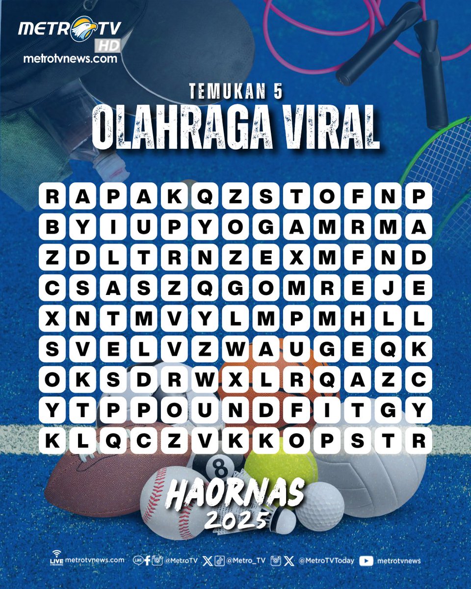 Metro_TV's tweet photo. 🎉IT'S QUIZ TIME🎉
Siap untuk menajamkan matamu? Temukan 5 olahraga viral yang tersembunyi di dalam teka-teki kata ini.
Tulis jawabanmu di kolom komentar, ya👇🏻 Jangan lupa mention temanmu untuk ikutan juga!
#metrosportchallenge #segarbugar2025 #haornas #haornas2025 #metrotv https://t.co/zL6XpABB7P