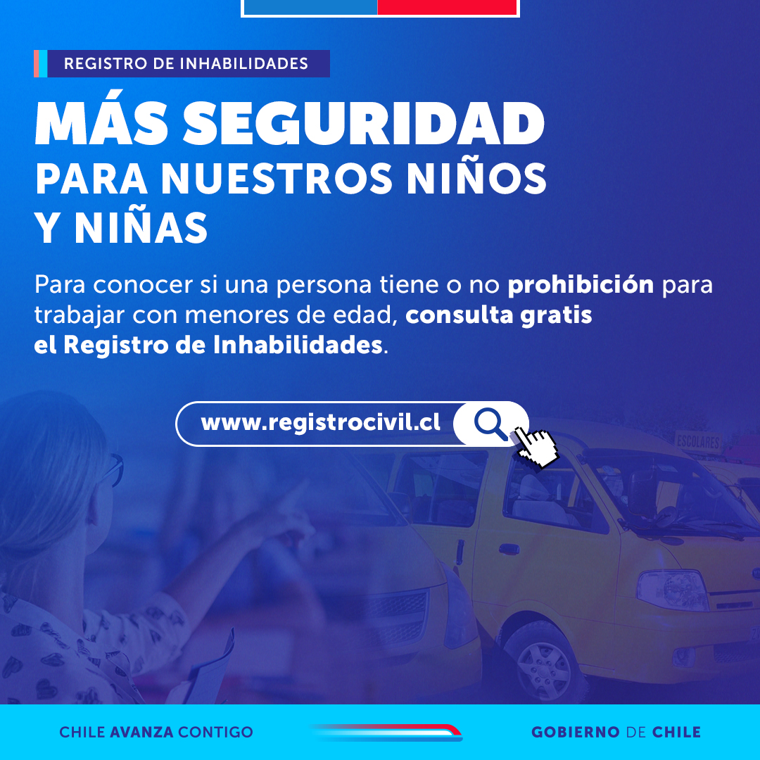 📢 RECUÉRDALO

Hoy y en cualquier momento puedes consultar el 𝐑𝐞𝐠𝐢𝐬𝐭𝐫𝐨 𝐝𝐞 𝐈𝐧𝐡𝐚𝐛𝐢𝐥𝐢𝐝𝐚𝐝𝐞𝐬 𝐩𝐚𝐫𝐚 𝐭𝐫𝐚𝐛𝐚𝐣𝐚𝐫 𝐜𝐨𝐧 𝐦𝐞𝐧𝐨𝐫𝐞𝐬 𝐝𝐞 𝐞𝐝𝐚𝐝, para proteger a niñas, niños y adolescentes.  Consulta gratis 👉registrocivil.cl

#Antofagasta