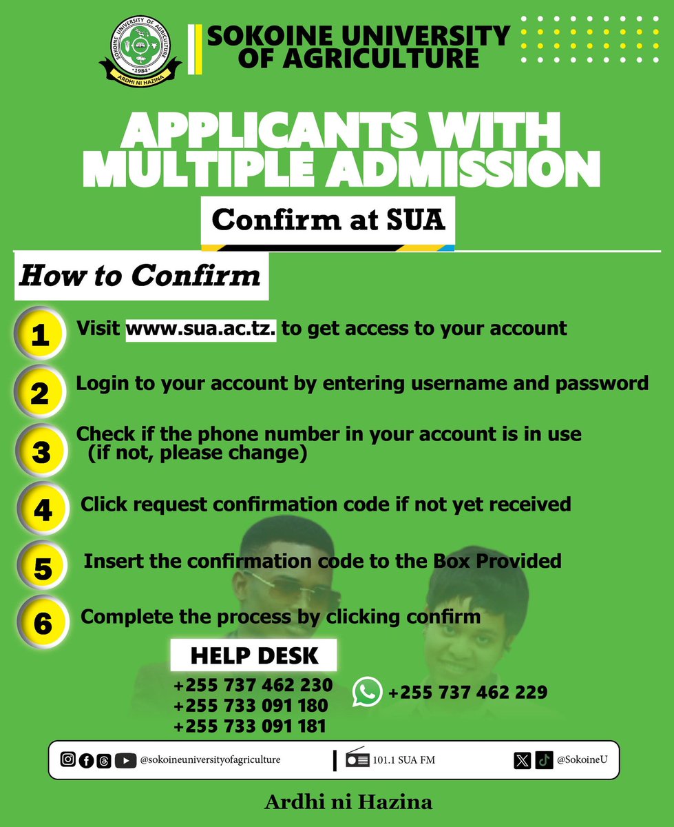 SokoineU's tweet image. How to confirm at SUA 

#studysua 
#studywithus 
#joinusnow 
#ArdhiniHazina