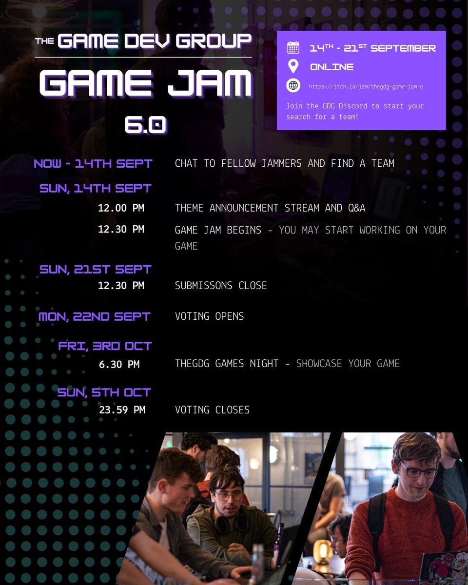 thegamedevgroup's tweet image. TheGDG Game Jam 6.0 starts this Sunday. Take a look at the full programme and join our Discord to find your team now!
Link in Bio.