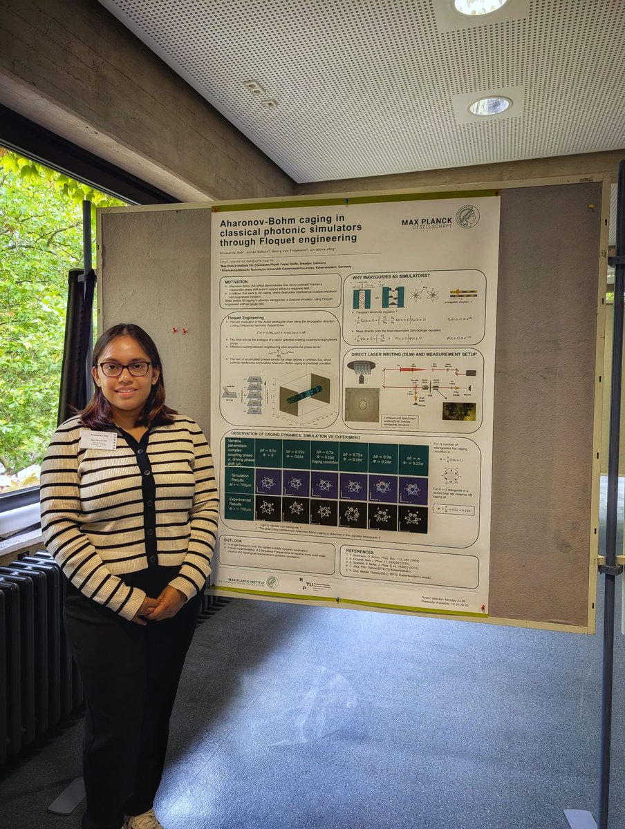PETLab_CPfS's tweet image. Yesterday Shamarita presented a poster about Aharonov-Bohm caging in classical photonic simulators through Floquet engineering — her master work from TU Kaiserslautern — in the 2nd DPG Fall Meeting in Göttingen.