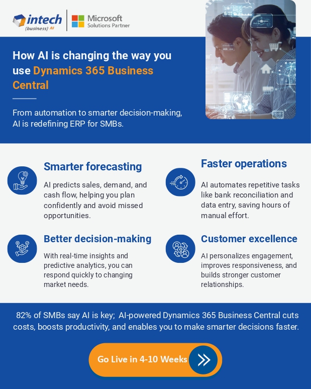 IntechSystems's tweet image. AI is no longer just a buzzword, it is reshaping the way SMBs work.

Explore Business Central Implementation Packages: lnkd.in/eJaumtu5
Grab Our Business Central &quot;Delite&quot; Offer on AppSource: lnkd.in/dnKxb7sV
Read the Blog: lnkd.in/dnAgza_6