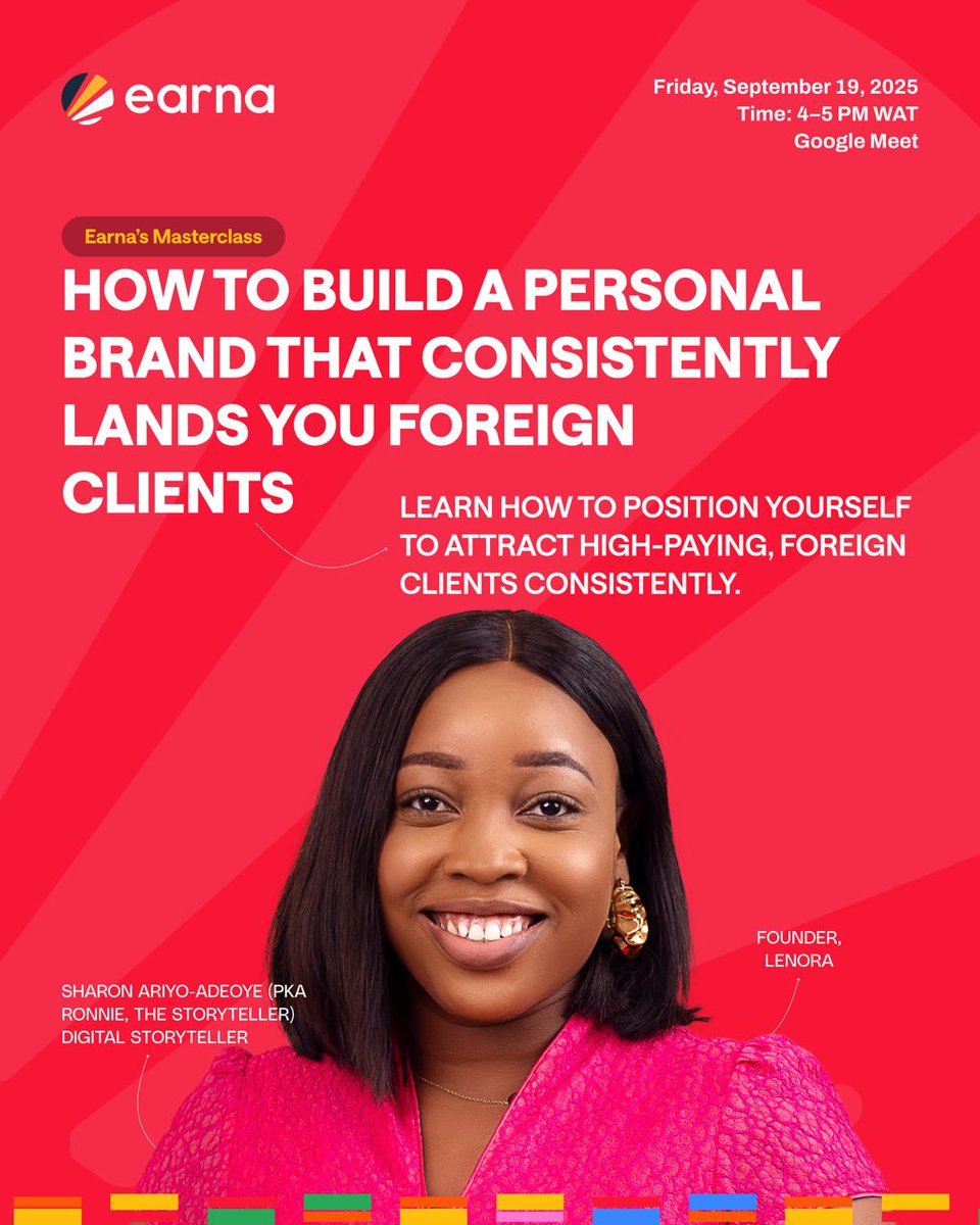 EdmundOris's tweet photo. Your personal brand is either opening doors for you, or keeping them shut. On Sept 19, I’m anchoring a free masterclass with @joinearna to show you how to build a personal brand that lands foreign clients consistently.

Don’t miss this. Register here before Sept 18 https://t.co/fqXdW1FPG6