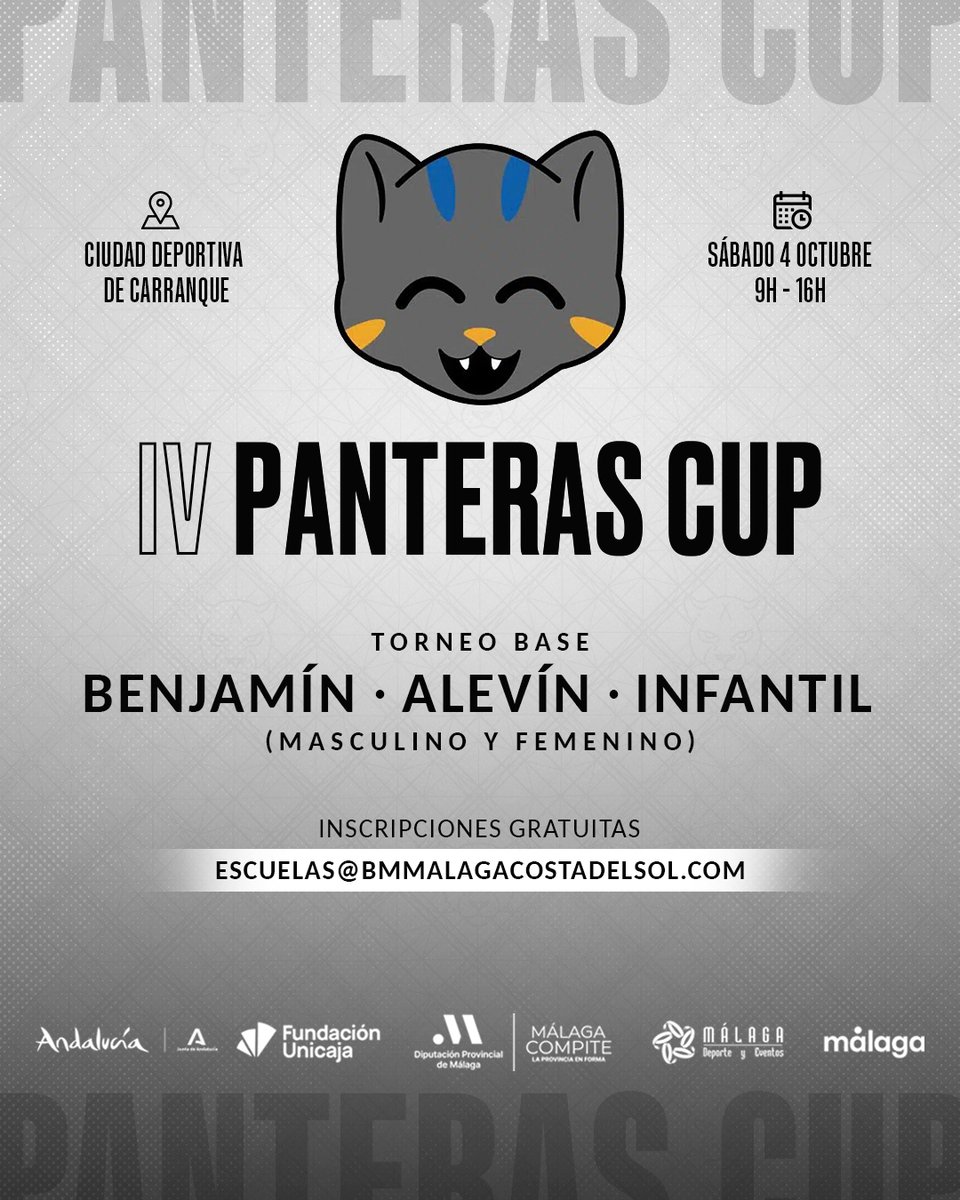 🖤 ¡LA IV PANTERAS CUP ESTÁ AQUÍ! 🤍

📅 Sábado 4 octubre
📍 Ciudad Deportiva de Carranque

ℹ️ ¡Inscripciones gratuitas! Escribe a escuelas@bmmalagacostadelsol.com 

⚫️⚪️ #SomosPanteras