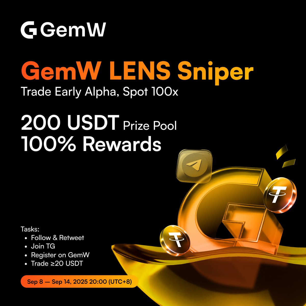 GemW (@gemwofficial) on Twitter photo 🚀 Share 200 $USDT by Completing tasks on <a href="/taskonxyz/">TaskOn | Ultimate Web3 Community Growth Platform</a> 
✅ Follow+RT+<a href="/3/">Blair</a> friends
✅ Join TG
✅ Register on #GemW
✅ Trade ≥20 USDT
📆 Sep 8–15 (UTC+8)
Join Now👉 taskon.xyz/quest/449266697
#Giveaway #Airdrop #GemW #CoinW 🚀 Share 200 $USDT by Completing tasks on <a href="/taskonxyz/">TaskOn | Ultimate Web3 Community Growth Platform</a> 
✅ Follow+RT+<a href="/3/">Blair</a> friends
✅ Join TG
✅ Register on #GemW
✅ Trade ≥20 USDT
📆 Sep 8–15 (UTC+8)
Join Now👉 taskon.xyz/quest/449266697
#Giveaway #Airdrop #GemW #CoinW