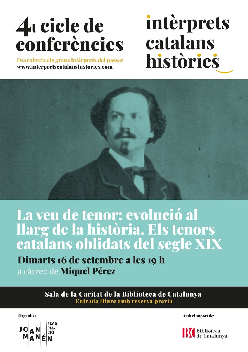 Com ha evolucionat la veu del tenor? Quins tenors catalans han caigut en l'oblit? 
El músic Miquel Pérez t'ho explicarà en aquesta conferència.
📆 Dimarts 16 de setembre, a les 19 h
📍 Sala de la Caritat de la BC
👉 Entrada lliure amb reserva prèvia a: joanmanen.cat/reserva-veu-te…