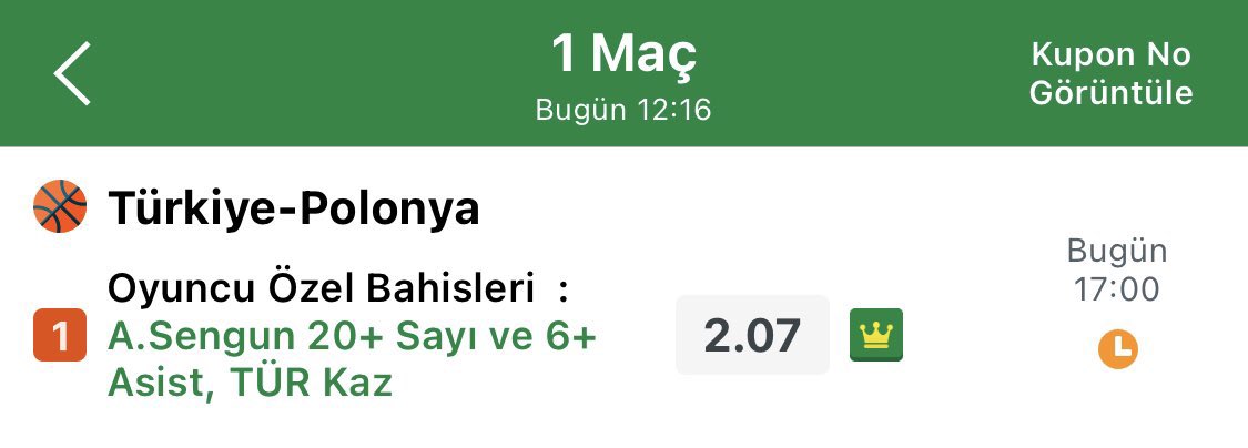 🏀 Türkiye - Polonya 

Bu maça son olarak bu özel tercihi aldım. Alperen'in son 3 maçtaki statsi 24-6 / 28-8 / 21-5 şeklinde. Ben bugün asist kısmında sorun yaşamasını beklemiyorum. Guardlarımıza atacağı asist pasları çokça olacaktır. 

Hepimize bol şans.