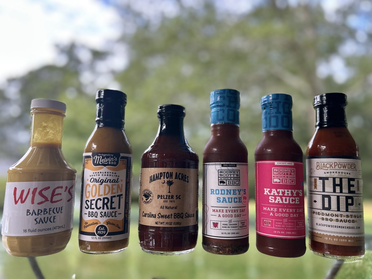 fostersenn's tweet photo. After recently reading a book called “A History of SC BBQ” I have become more opened-minded about sauces besides my native mustard.  That led to a fun BBQ sauce tasting for our family w/ 6 different sauces to try with BBQ from Hawg Heaven.  We had:
-mustard represented by Wises, plus Melvin’s of the Bessinger family,
-SC tomato Carolina Sweet by Hampton Acres of Pelzer  (really good & available at Food Lion)
-vinegar/pepper of SC & NC represented by Rodney Scott, one of my favorite Charleston restaurants 
-a very tasty SC ketchup from Rodney Scott called Kathy’s.
-NC Piedmont sauce from Black Powder of Jamestown, NC  (got it at Ingles in Asheville)

Conclusions: our mustard-raised family found all the sauces to be quite good
—the NC Piedmont sauce (famous in Lexington, NC) was the “surprise” like & received much acclaim.
—vinegar & pepper has some kick if you weren’t raised on it
—it’s not heresy to have something other than mustard 😀