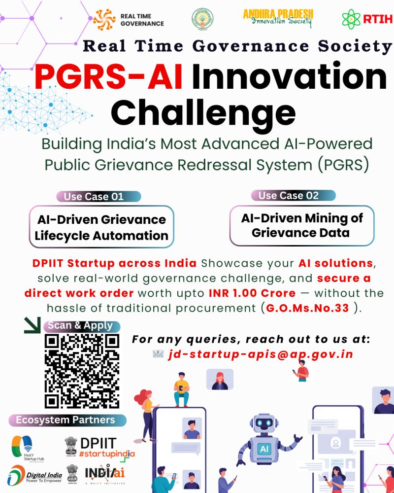 Startup_APIS's tweet image. 🚨 Big Opportunity for #Startups!

#AIInnovationChallenge 2025 by AP Innovation Society &amp;amp; RTGS 🚀

Win 💰₹1 Cr Govt Work Order (No tenders, no delays!) + Cash prizes 🏆

Apply by ⏳ 22 Sept 2025
Demo Day: 6 Oct 2025
👉 lnkd.in/gwJw2KYT

#AI #GovTech