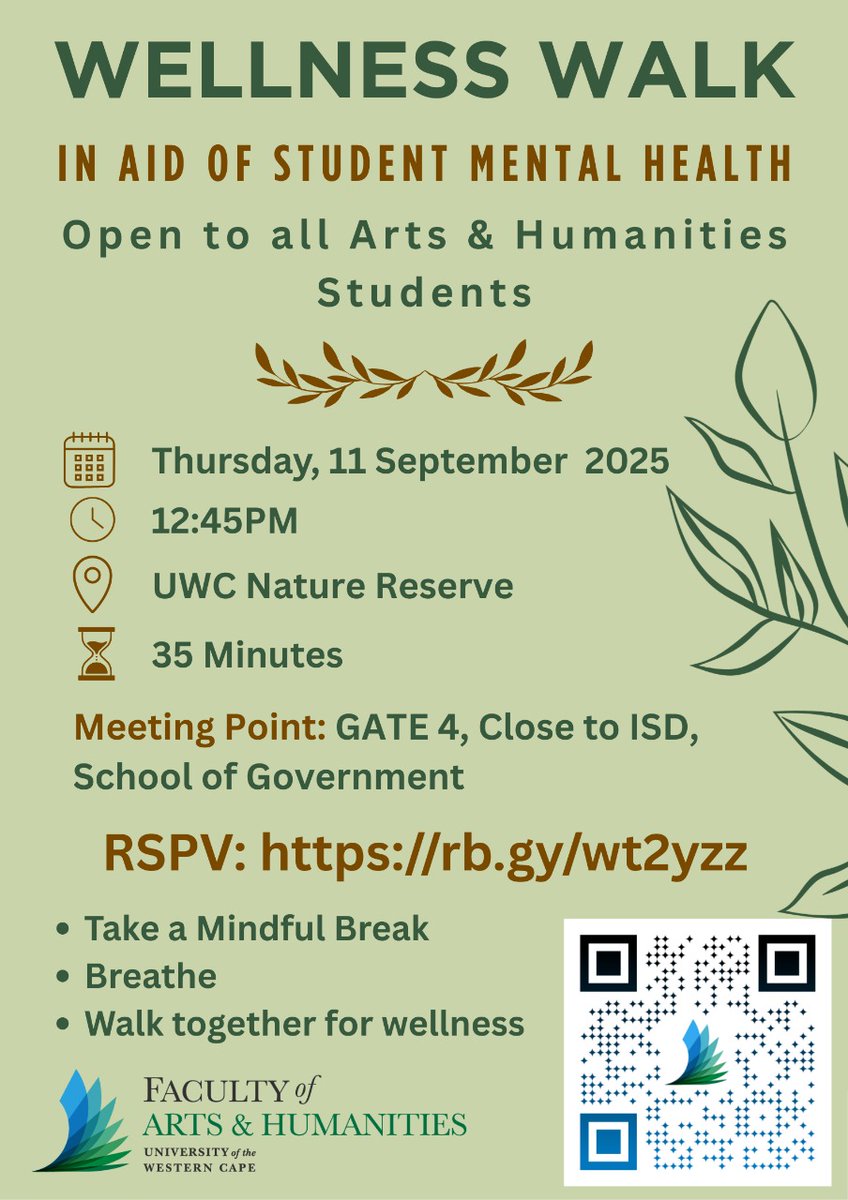 artspostgrad's tweet image. Join us!
Wellness Walk in Aid of Student Mental Health
Thursday 11 September
12:45PM
UWC Nature Reserve. See the poster for more details!
#uwc #artsandhumanities #MentalHealthAwareness