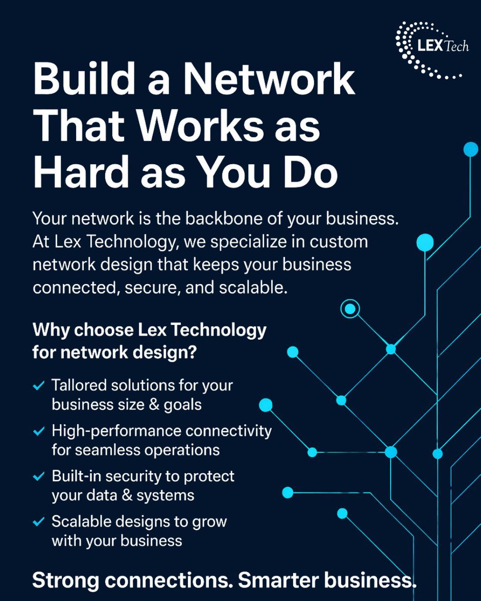 TechnologyLex's tweet image. 🌐 Build a Network That Works as Hard as You Do
Your network is the backbone of your business. At Lex Technology, we specialize in custom network design that keeps your business connected, secure, and scalable.
🔹 Why choose Lex Technology for network design?
✅ Tailored…