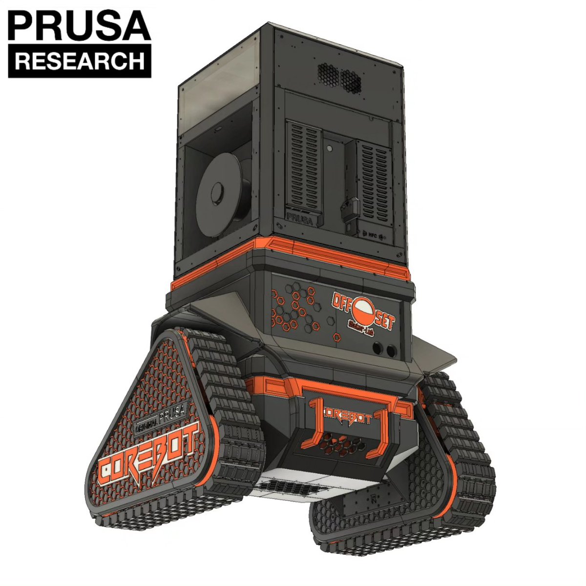 OffSet_makerlab's tweet image. We&apos;ve been working on a ridiculous idea with @repkord and @josefprusa for @_3dprintopia and wanted to share a little progress update. This is CoreBot, a driving 3d printer! After last weekend, I think the CAD work is done, and we just need to finish printing the rest! #hotmakes