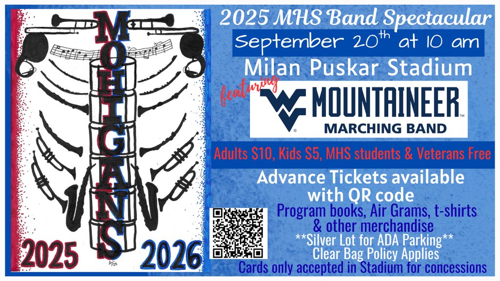 Come out and support the MHS Band at their Band Spectacular on September 20th at 10am.

Please see the graphic for more information on this.