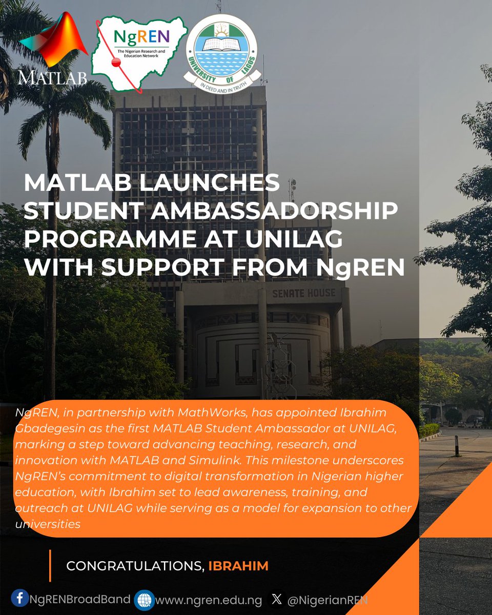 NigerianREN's tweet image. With support from NgREN and MATLAB, Ibrahim Gbadegesin has been appointed the first MATLAB Student Ambassador at UNILAG. He’ll lead training & outreach, promoting innovation with MATLAB & Simulink. #NgREN #MATLAB #UNILAG #Innovation