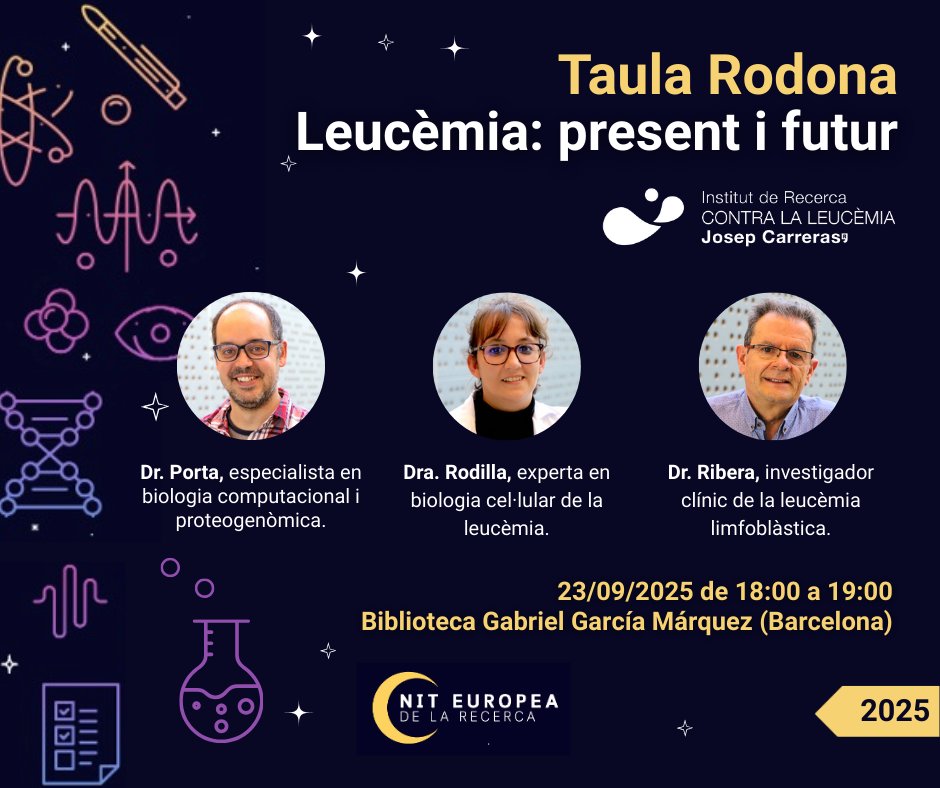 Tornem a la #NitRecerCat! 🔬🌙

🗨️ El futur de la leucèmia a debat: recerca computacional 💻, bàsica 🧬 i clínica 💊

🗓️ 23/09 · 18 h
📍 Biblioteca G. García Márquez, Barcelona
