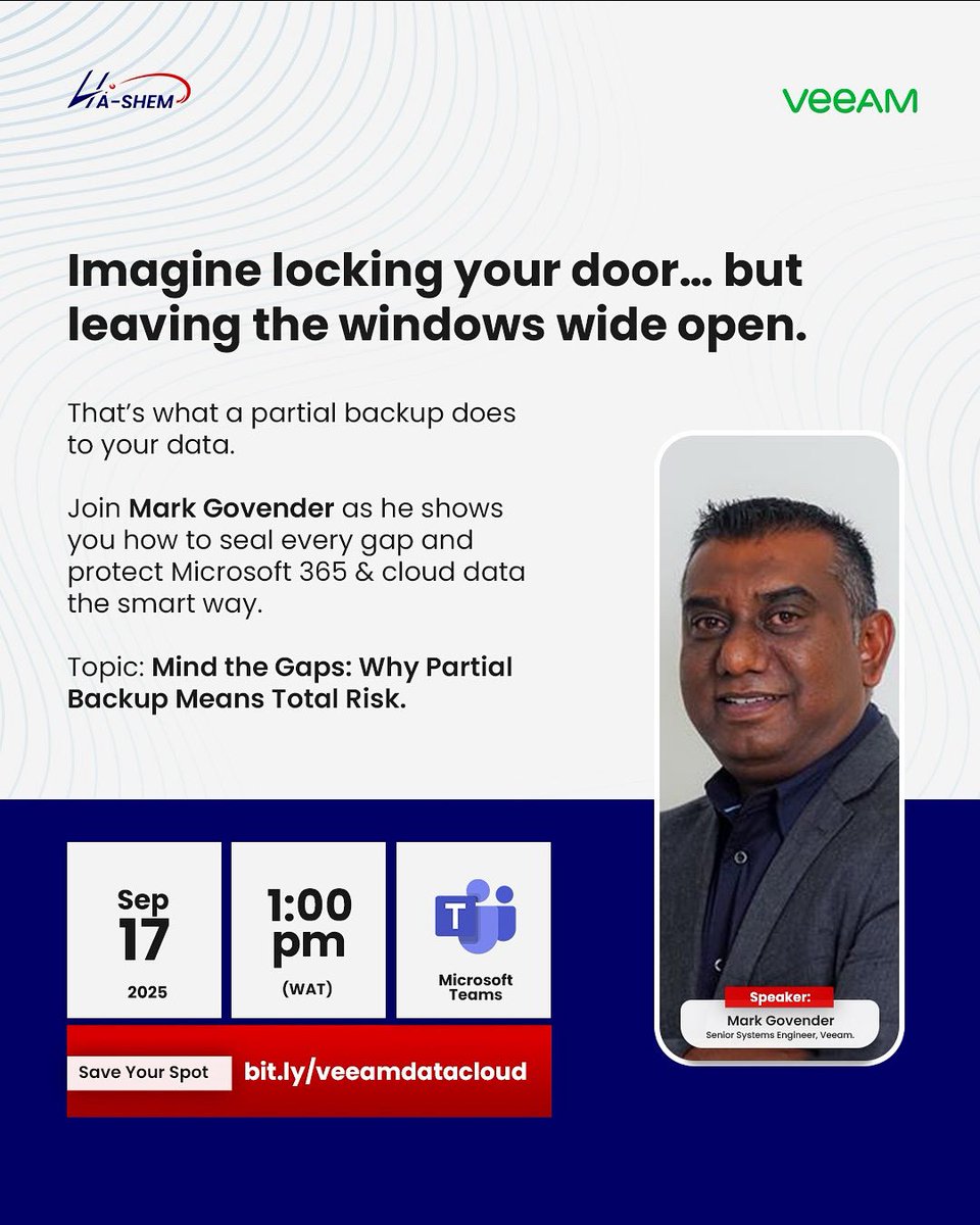HaShemLimited's tweet photo. Your data deserves better than half protection.

On Sept 17, Mark Govender is showing you how to close the gaps, keep every file safe, and protect Microsoft 365 &amp; cloud data the smart way.

Don’t wait until you loose data.
register today 👉 https://t.co/5r2P43eJFW https://t.co/Ynp9xjW8EJ