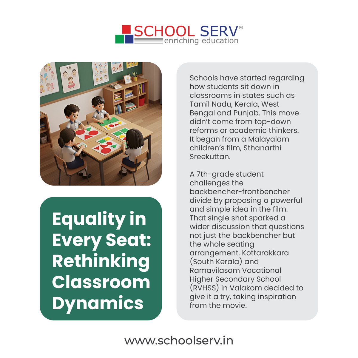 schoolserv's tweet photo. Equality in Every Seat: Rethinking Classroom Dynamics - chools have started regarding how students sit down in classrooms in states such as Tamil Nadu, Kerala, West Bengal and Punjab. This move didn’t come from top-down reforms or...to continue to read -https://t.co/ev0SOkDbop https://t.co/tBVzGYfjzy